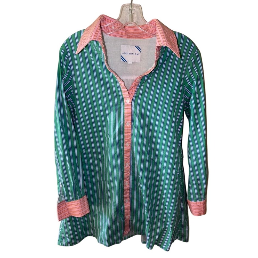 Addison Bay Womens Green Pink Striped Button Down Long Sleeve Shirt Size S